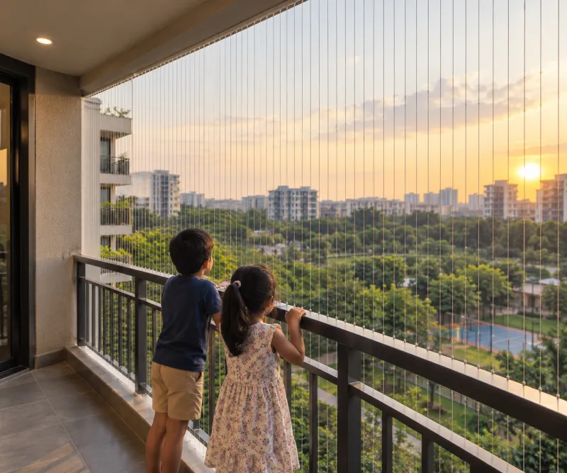 Two children looking out at sunset from a balcony protected by invisible grills