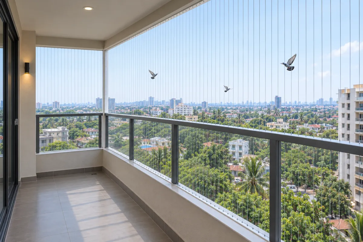 Pigeons flying outside a high-rise corner balcony closed with invisible grills